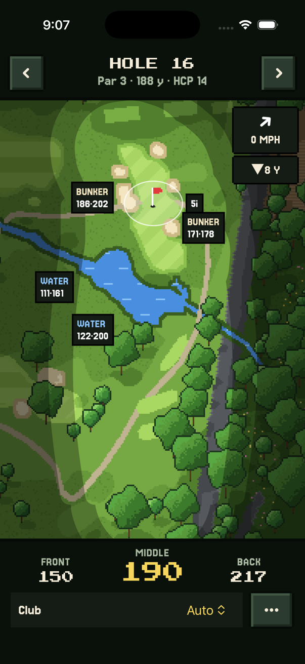 Phone hole view: Shady Hollow 16, a par 3 over water, with bunker and water carry distances and 190 yards to the middle of the green.