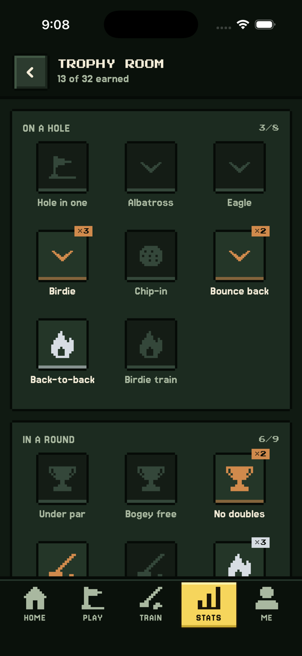 Trophy room with gold, silver and bronze pixel trophies.