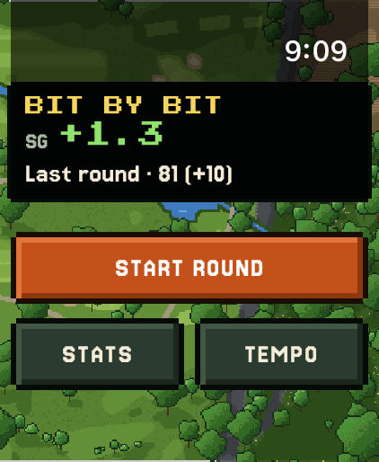 Watch home: last round strokes gained over a course map, with Start round, Stats and Tempo.